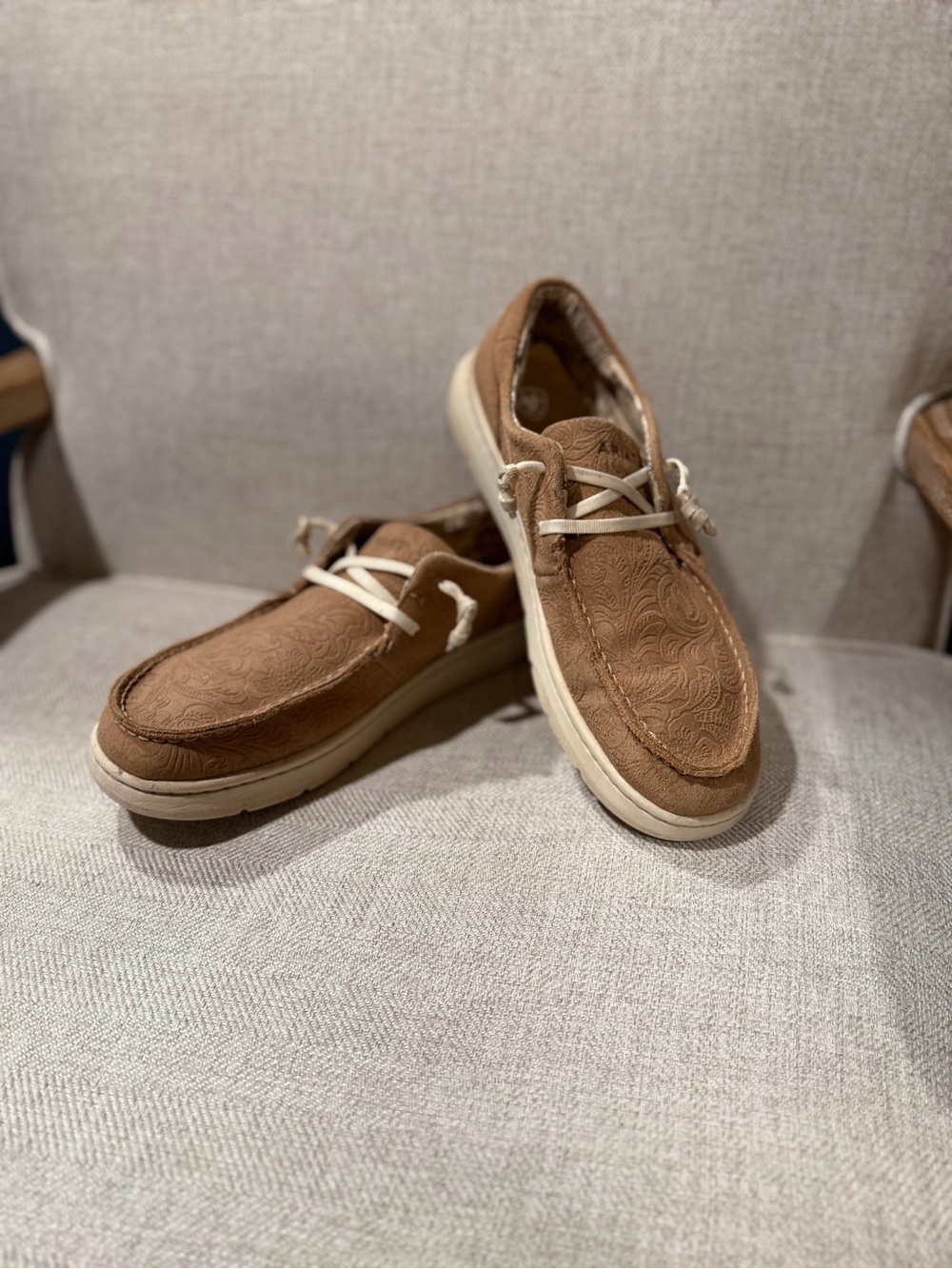 Ariat Brown Western Embossed Moccasin Boat Shoes with White Sole